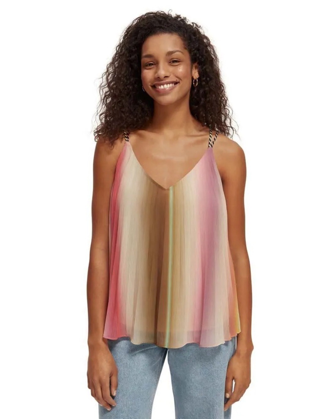 Scotch & Soda V-Neck Camisole Pink Cream Green Striped Pleated Tassels